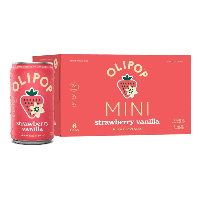 OLIPOP MINIs 3g Fiber Prebiotic Soda, Strawberry Vanilla, 6pk/7.5 fl oz Cans