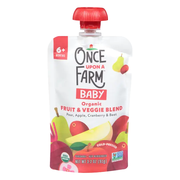 Once Upon a Farm Baby Fruit & Veggie Blend, Pear, Apple, Cranberry & Beet Baby Food, 6+Months