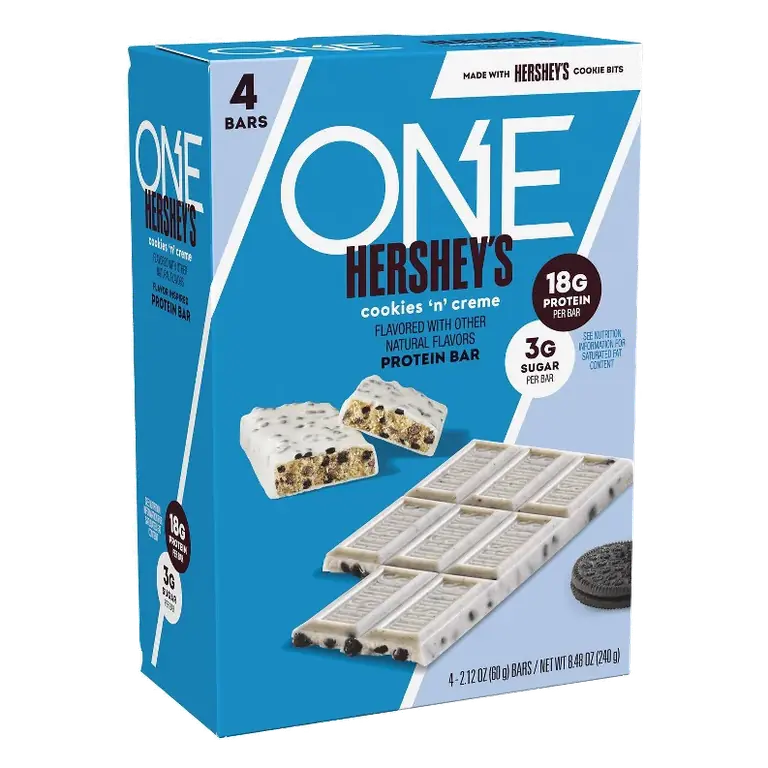 ONE Bar Hershey's Cookies n Creme Flavored Protein Bars, 8.48oz/4ct: Certified Gluten-Free, 18g Protein, Chewy, Ready to Eat