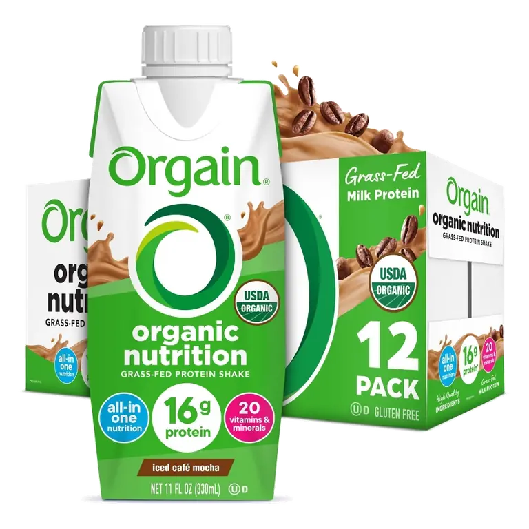 Orgain Organic Nutrition Shake, Grass Fed Protein, Iced Café Mocha 11 Fl Oz, 12 Count