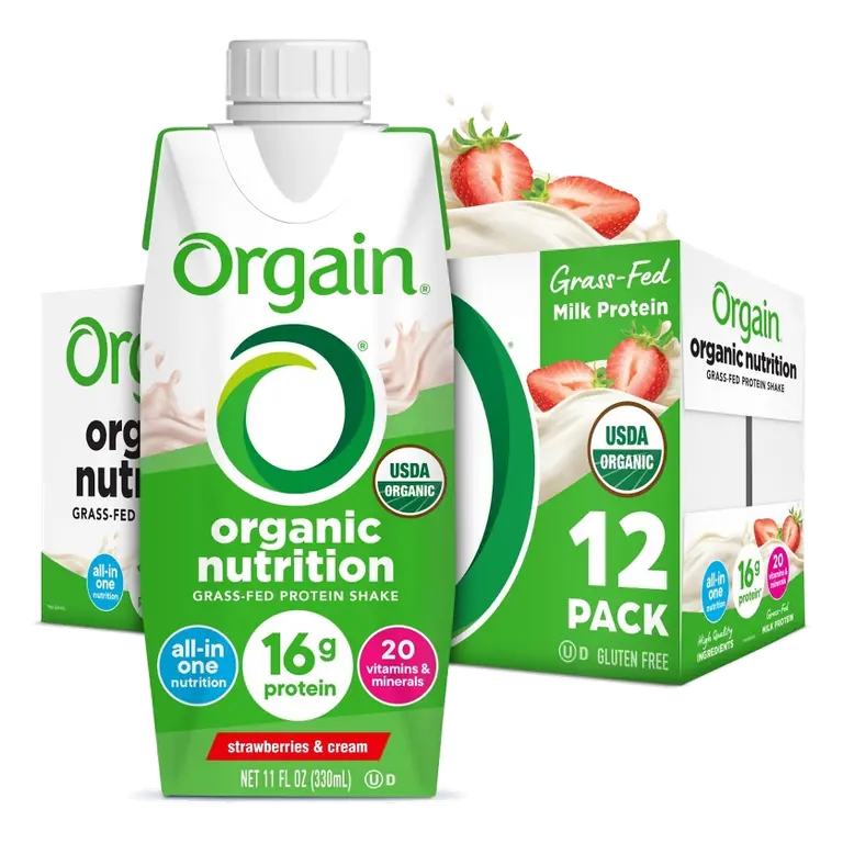 Orgain Organic Nutrition Shake, Grass Fed Protein, Strawberries & Cream 11 Fl Oz, 12 Count