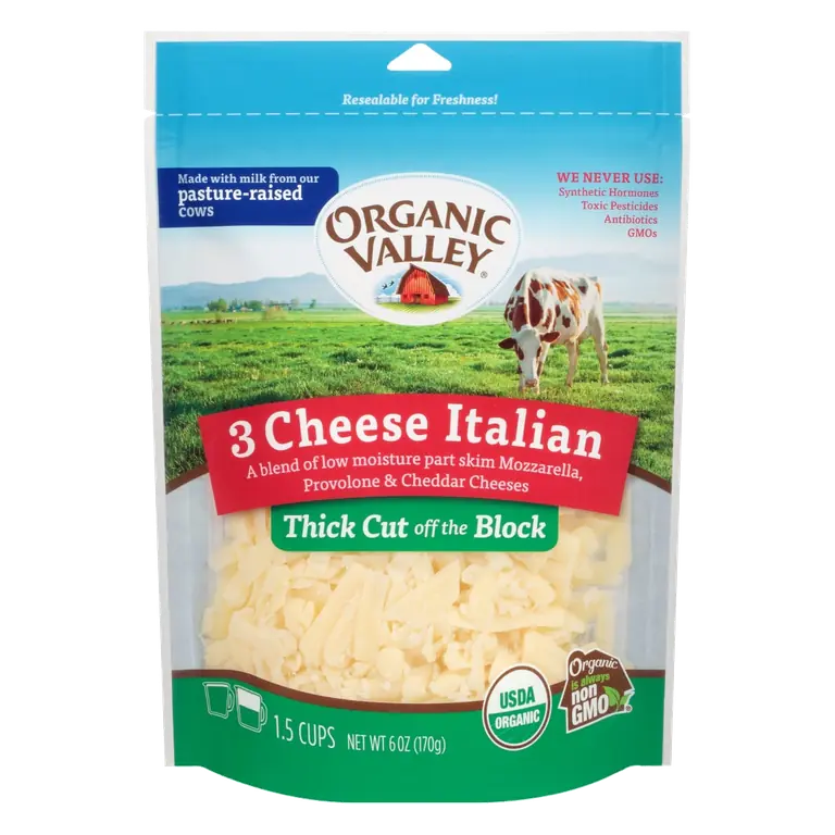 3 Cheese Italian a Blend of Low Moisture Part Skim Mozzarella, Provolone & Sharp Cheddar Thick Cut Off the Block Cheeses, 3 Cheese Italian