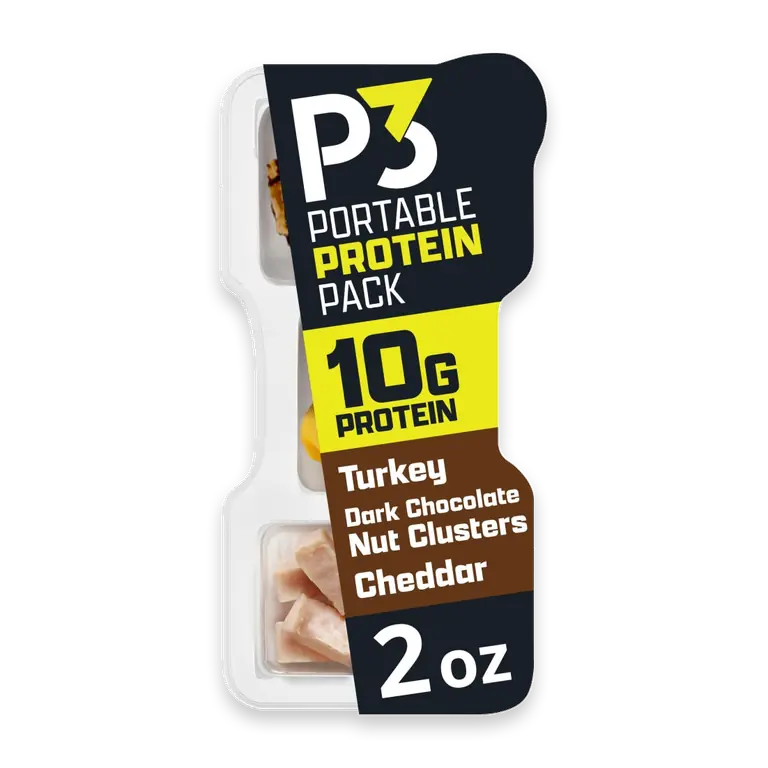 P3 Portable Protein Snack Pack with Dark Chocolate Almond Nut, Turkey & Cheddar Cheese, Tray
