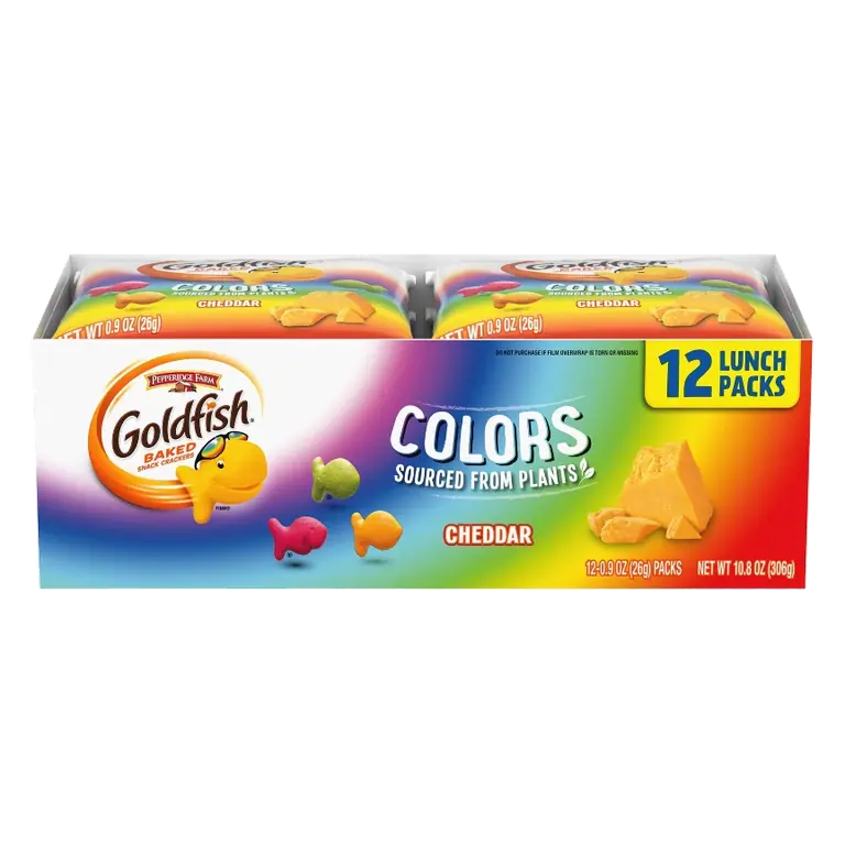 Goldfish Colors Cheddar Crackers, Snack Pack, 0.9 oz, 12 CT Multi-Pack Tray
