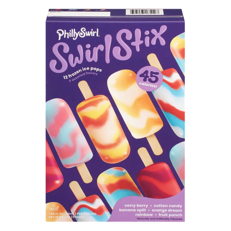 Assorted Swirl Stix Ice Pops, Rainbow, Orange Dream, Cotton Candy, Verry Berry, Fruit Punch, Banana Split