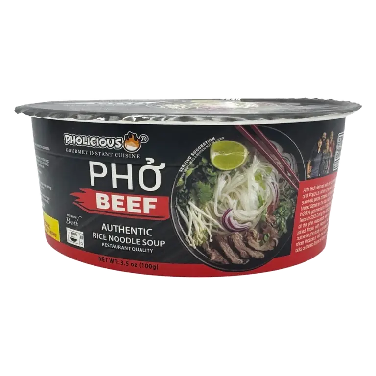 Pho, Beef, Pholicious Authentic Instant Pho , Vietnamese Rice Noodle Soup, 4 pack / 3.6 Ounce Bowls, Ramen Alternative & Fresh Ingredients