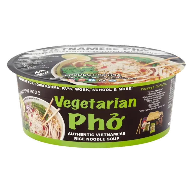 Pho Vegetarian, Pholicious Authentic Instant Pho , Vietnamese Rice Noodle Soup, 4 pack / 3.6 Ounce Bowls, Ramen Alternative & Fresh Ingredients