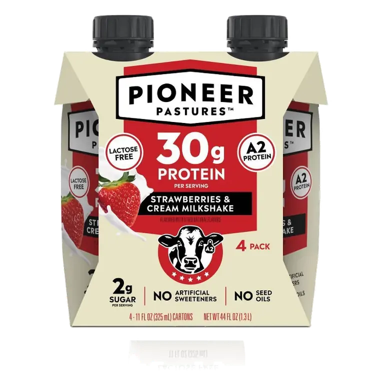 Pioneer Pastures A2 High Protein Milkshake - 30g Protein - Strawberries & Cream - Lactose Free - 4pk/11 fl oz