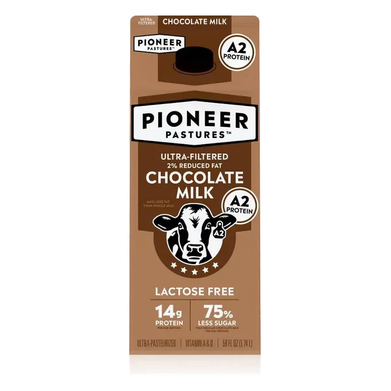 Pioneer Pastures Lactose Free A2 Chocolate 2% Reduced Fat Milk, 59 fl oz: Gluten-Free, High Protein, Caffeine-Free