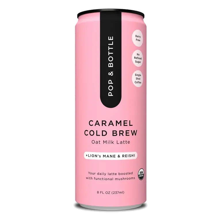 Pop & Bottle Caramel Cold Brew Oat Milk Latte with functional boost from Reishi and Lion's Mane, 8 fl oz