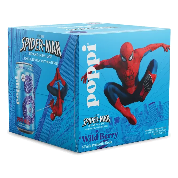 Poppi LTO Spiderman Wild Berry Soda, 12 fl oz/4pk