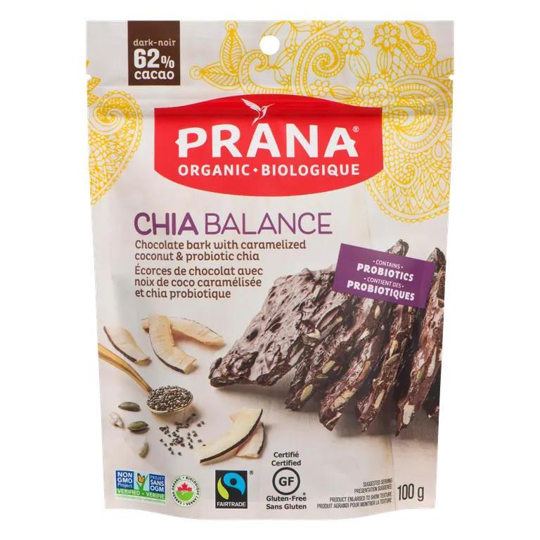 Organic Chocolate Bark Chia Balance Dark Caramelized Coconut 100 g