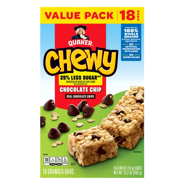 25% Less Sugar Chewy Chocolate Chip Granola Bars Value Pack - 18 ct
