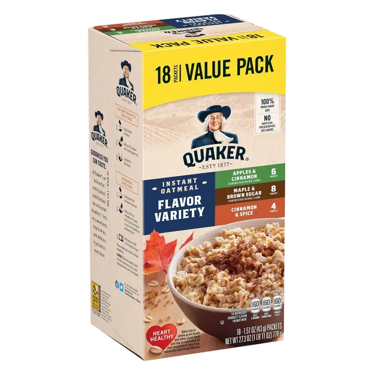 Quaker Flavor Variety Instant Oatmeal, 18ct / 27.3oz: No Artificial Preservatives, Whole Grain
