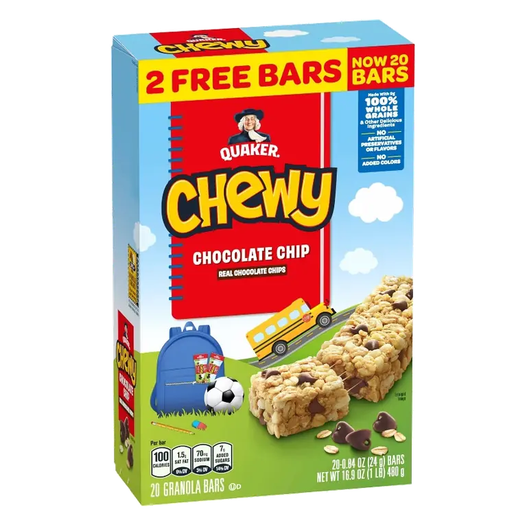 Quaker Chewy Chocolate Chip Granola Bars Bonus Pack, 16.9oz/20ct: No Artificial Preservatives, No High Fructose Corn Syrup