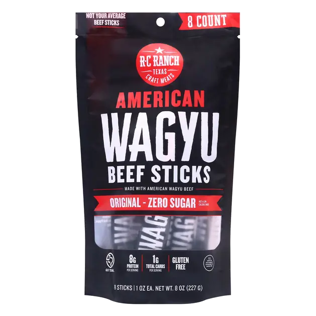 R-C Ranch Texas Craft Meats, American Wagyu Beef Sticks, Original Zero Sugar, 8-1 oz Sticks