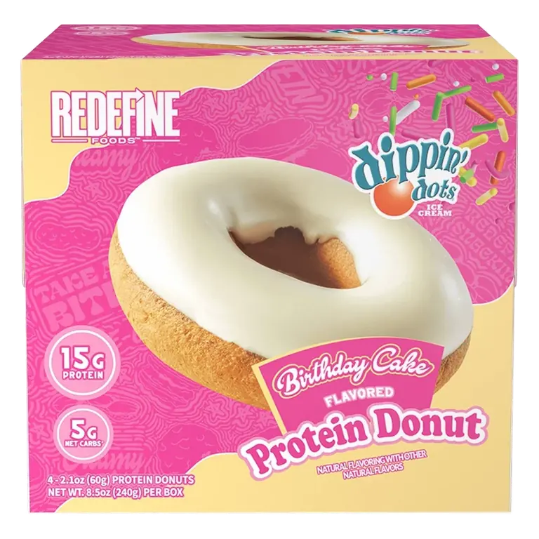 Redefine Foods Dippin Dots Birthday Cake Flavored Protein Donut, 8.5oz/4ct: Vanilla Icing, Sprinkles, High Protein