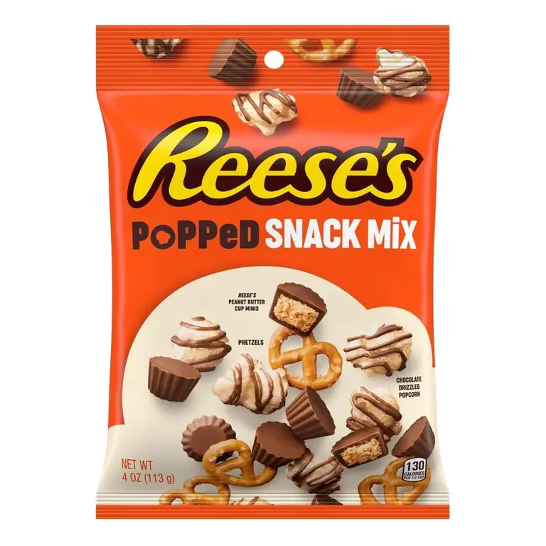Popped Snack Mix, Peanut Butter Cup Minis, Pretzels, Chocolate Drizzled Popcorn
