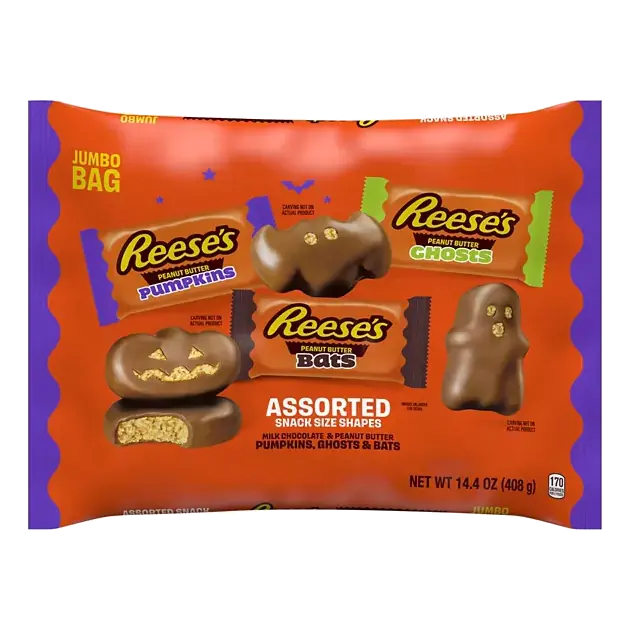 Pumpkins, Ghosts & Bats Assorted Jumbo Bag Milk Chocolate & Peanut Butter Snack Size Shapes