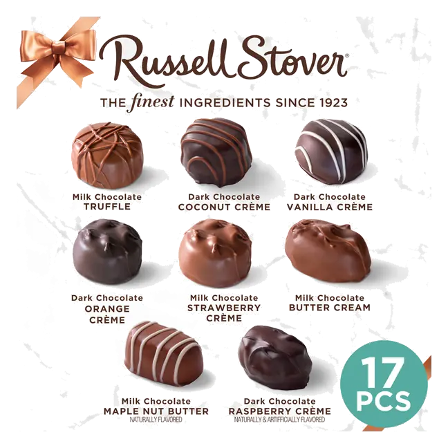 Assorted Crmes Milk & Dark Chocolate, Butter Cream; Vanilla; Orange; Coconut; Truffle; Maple Nut; Strawberry; Raspberry