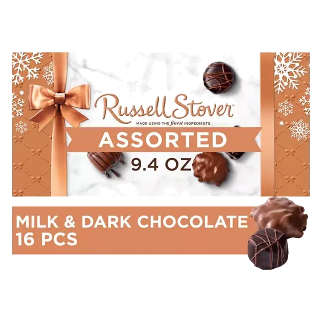 Assorted Milk & Dark Chocolates, Milk Chocolate Caramel; Pecan Delight; Dark Chocolate Nut Caramel; Peanut Cluster; Truffle; Toffee; Coconut Cluster; Almonds; Strawberry Crme; Raspberry Crme