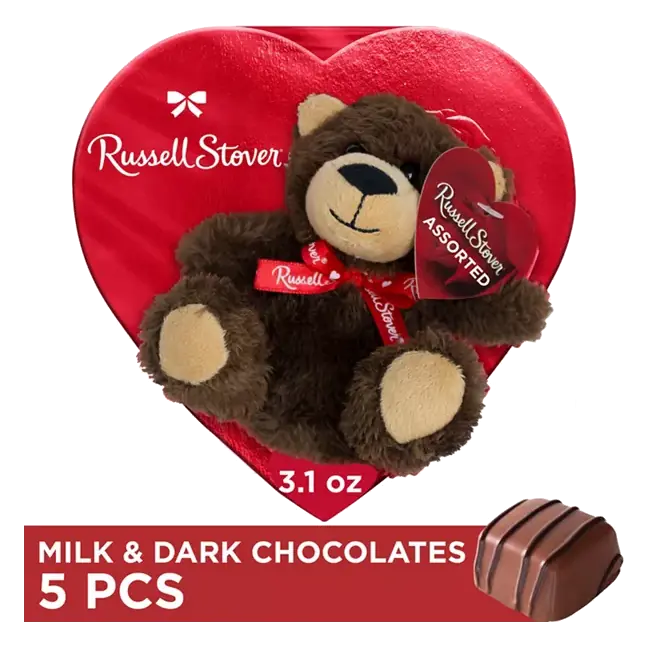 Valentine's Day Plush Bear with Red Foil Heart Assorted Milk & Dark Chocolate Candy Gift Box