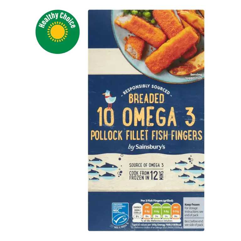 10 Breaded Omega 3 Pollock Fillet Fish Fingers 300g