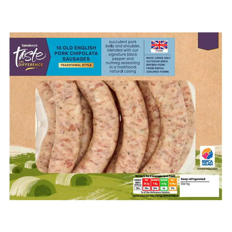 10 Old English Pork Chipolata Sausages, Taste the Difference 400g