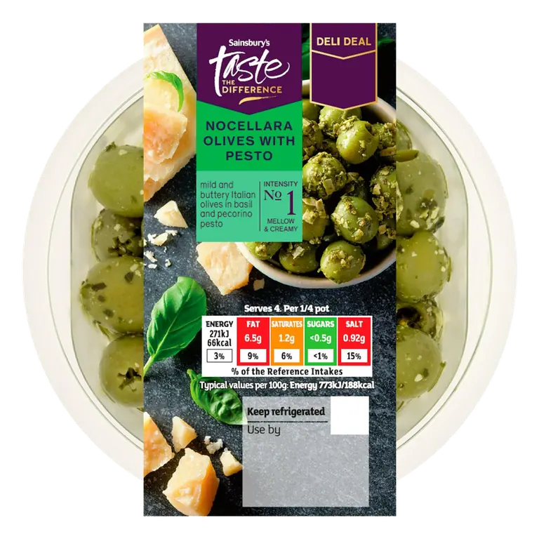 140g Nocellara Olives with Pesto, Taste the Difference