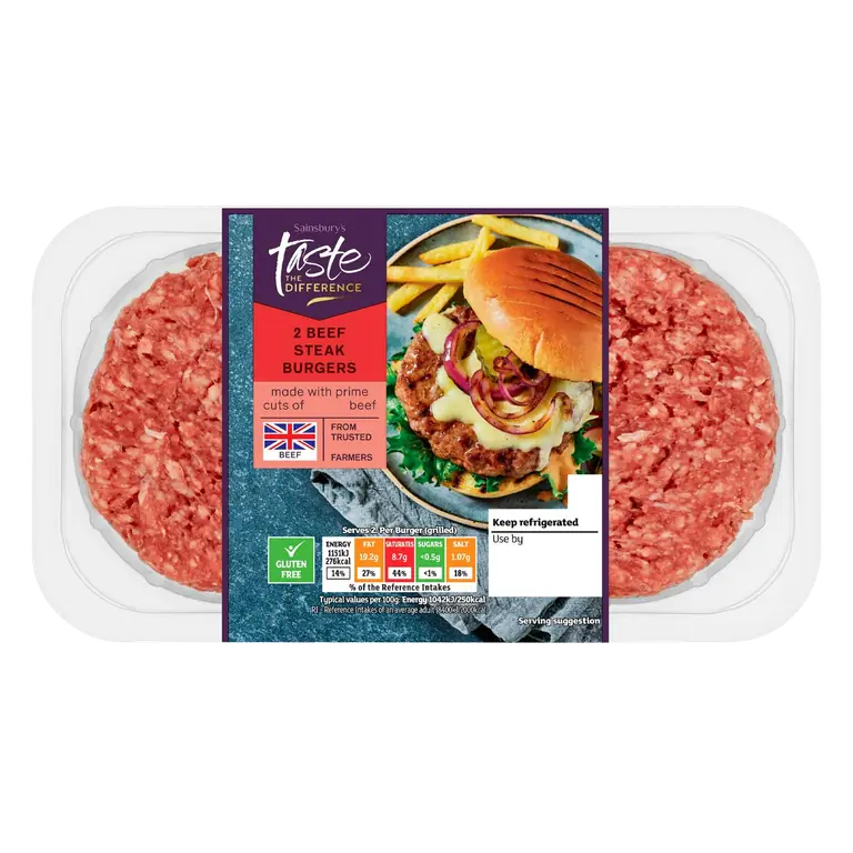 2 Beef Steak Burgers, Taste the Difference 340g