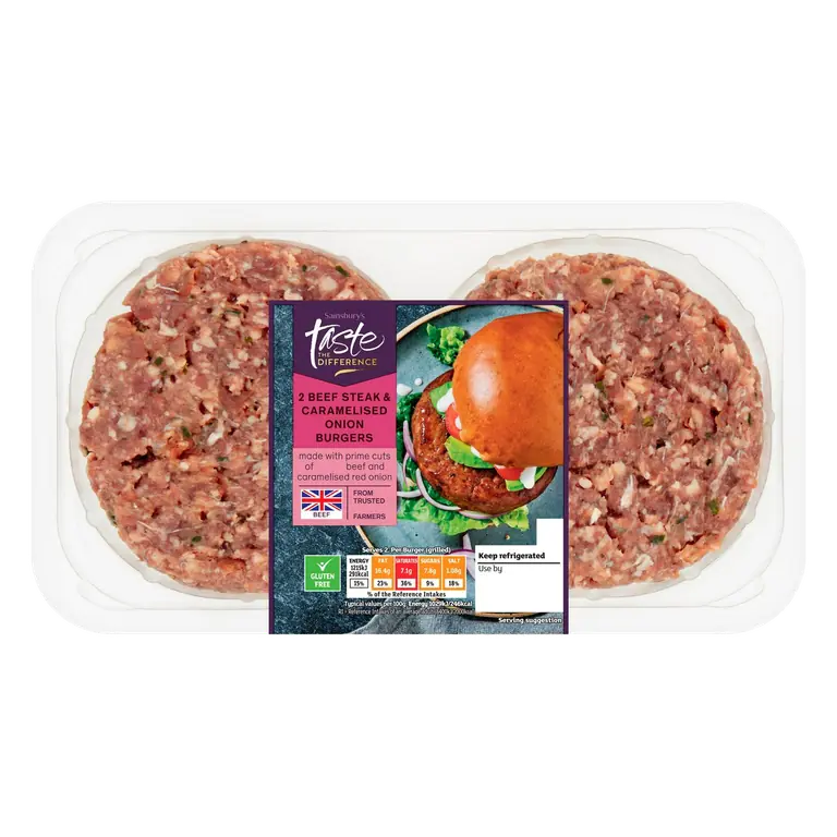 2 Beef Steak & Caramelised Onion Burgers, Taste the Difference 340g