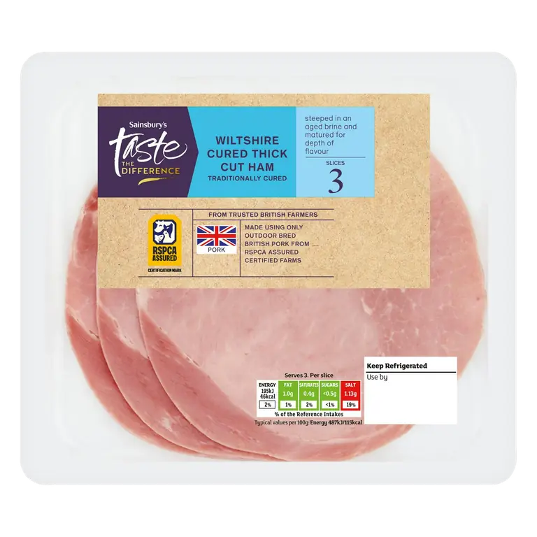 3 x Wiltshire Cured Thick Cut Ham Slices, Taste the Difference 120g