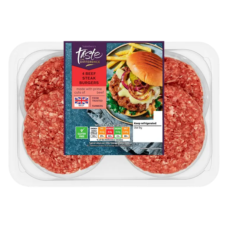4 British Beef Steak Burgers, Taste the Difference 680g