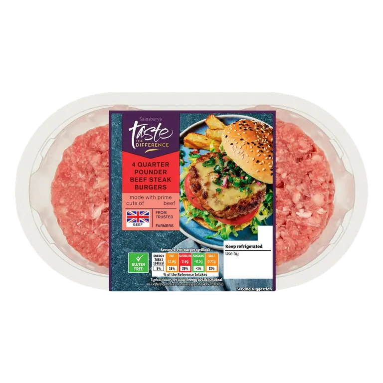 4 Quarter Pounder Beef Steak Burgers, Taste the Difference 454g
