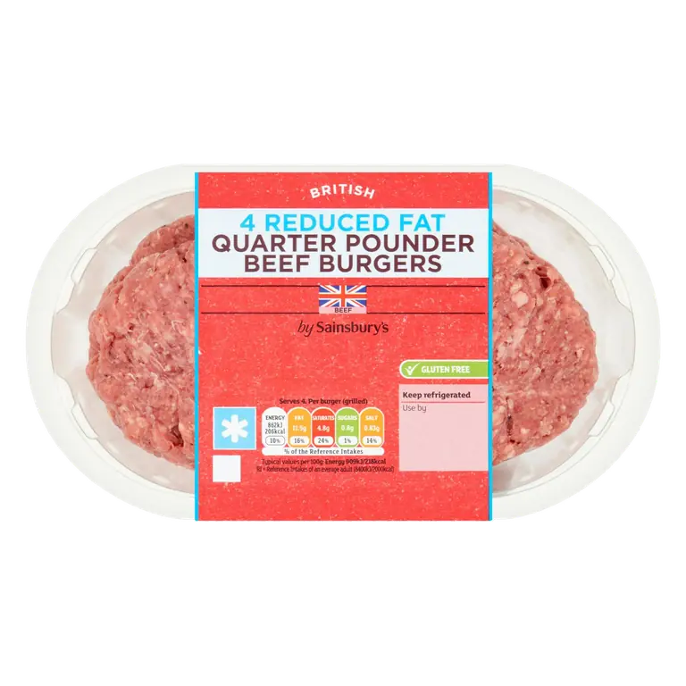 4 Reduced Fat Quarter Pounder Beef Burgers 454g