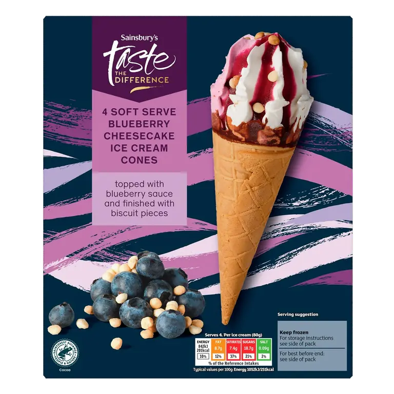 4 x 140ml Soft Serve Blueberry Cheesecake Ice Cream Cones, Taste the Difference
