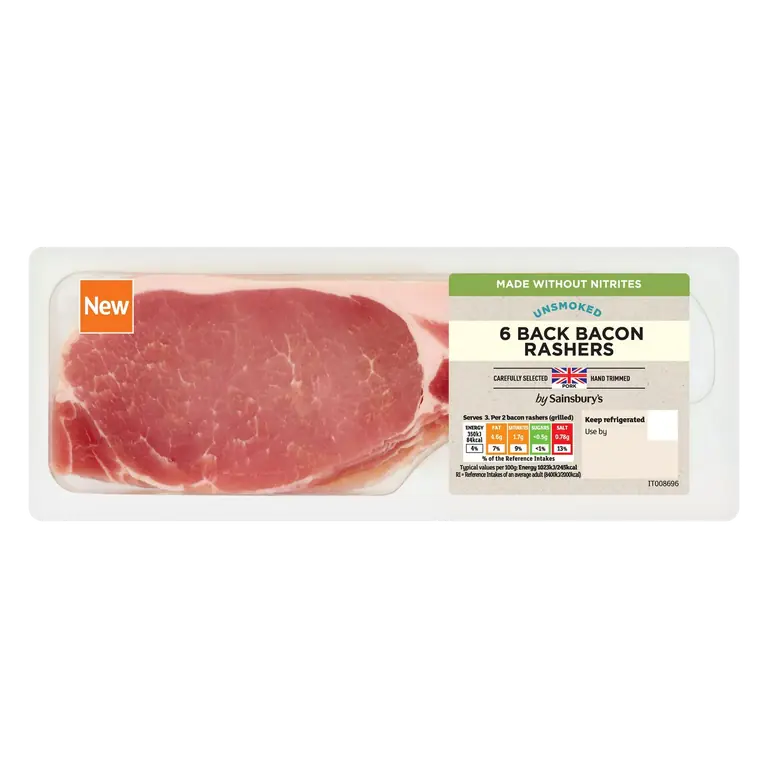 6 Back Bacon Rashers Unsmoked 200g