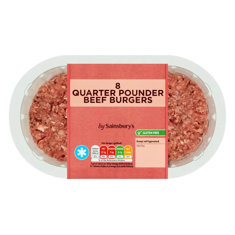 8 Quarter Pounder Beef Burgers 908g