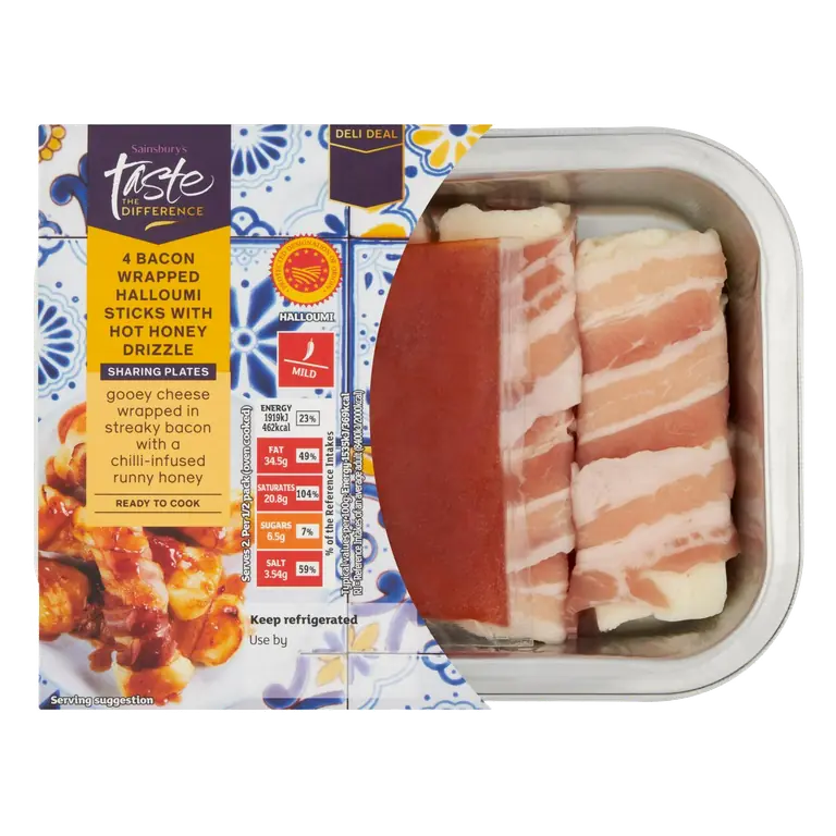 Bacon Wrapped Halloumi Sticks with Hot Honey Drizzle, Taste the Difference x4 250g