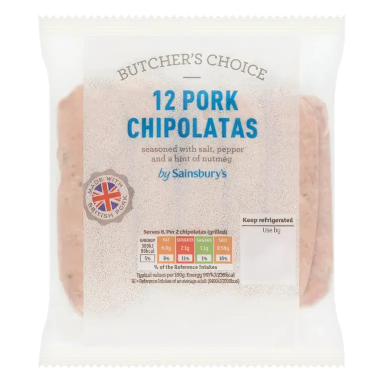 Butcher's Choice British Pork Chipolata sausages x12 340g
