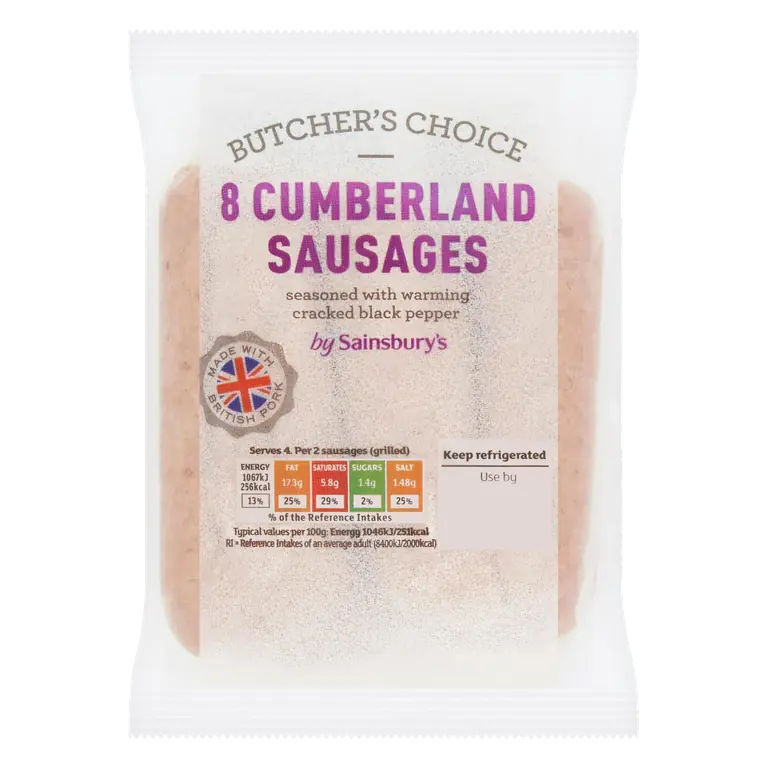 Butcher's choice Cumberland British Pork Sausage x8 454g