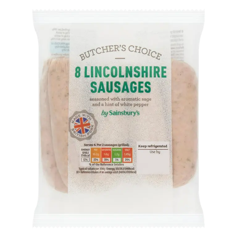Butcher's choice Lincolnshire British Pork Sausage x8 454g