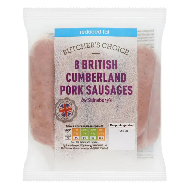 Butcher's Choice Reduced Fat Cumberland British Pork Sausage 454g