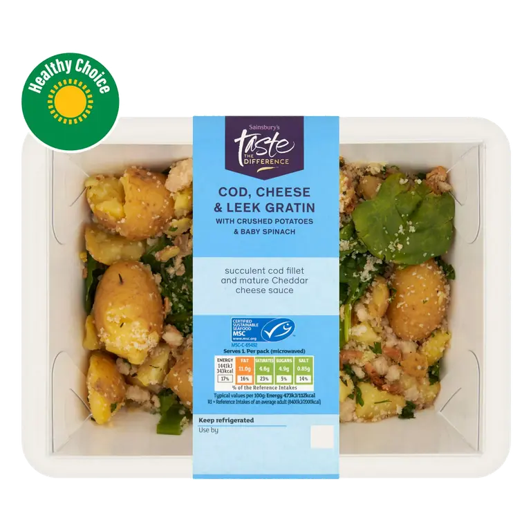 Cod, Cheese & Leek Gratin with Crushed Potatoes & Baby Spinach, Taste the Difference 385g