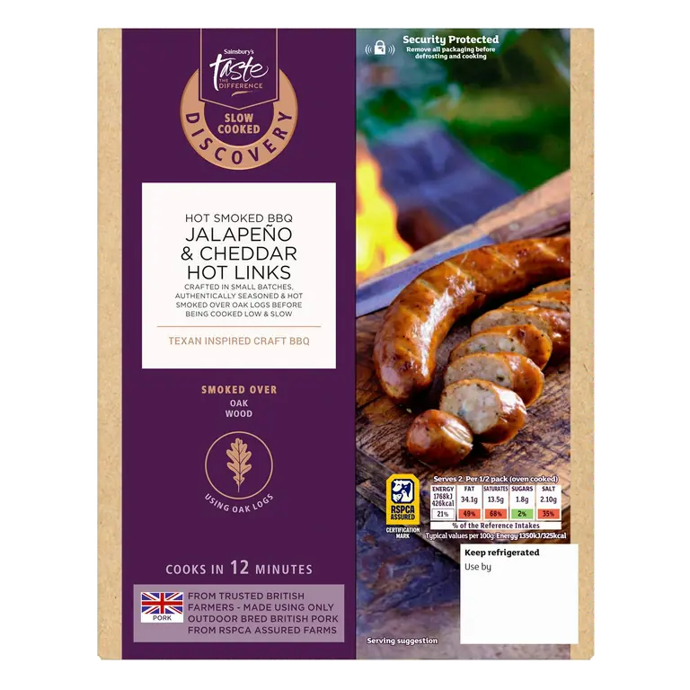 Discovery 270g Hot Smoked BBQ Jalapeño & Cheddar Hot Links, Taste the Difference