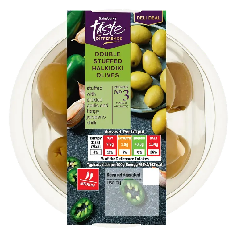 Double Stuffed Halkidiki Olives with Jalapeño & Garlic, Taste the Difference 160g