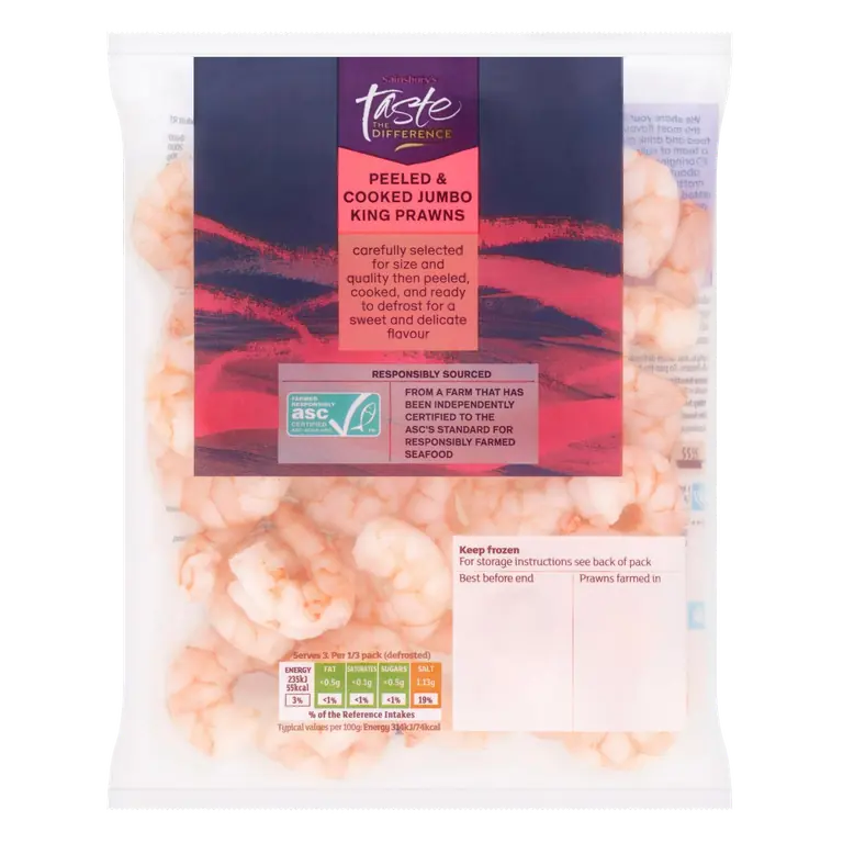 Frozen Cooked & Peeled Jumbo King Prawns ASC, Taste the Difference 225g