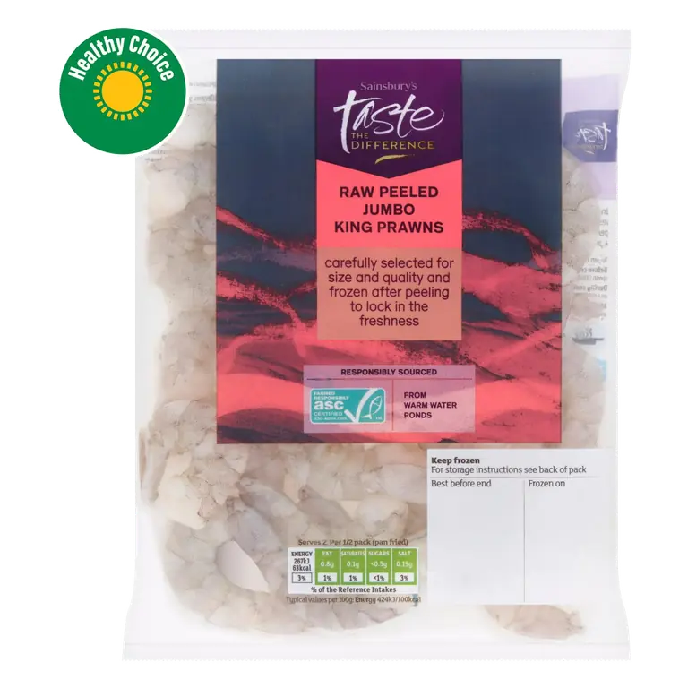 Frozen Raw Peeled Jumbo King Prawns ASC, Taste the Difference 225g