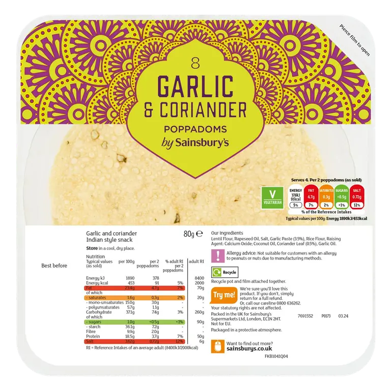 Garlic & Coriander Poppadoms 80g