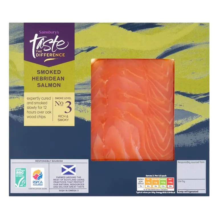 Hebridean Kiln Dried Thick Sliced ASC Scottish Smoked Salmon, Taste the Difference 100g (Ready to Eat)